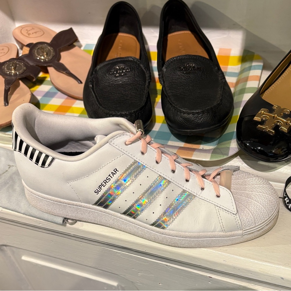adidas White Superstar Sneakers with Holographic Stripes and Pink Laces